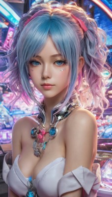 1girl,solo,long hair,breasts,looking at viewer,short hair,bangs,blue eyes,large breasts,hair ornament,dress,cleavage,bare shoulders,twintails,jewelry,medium breasts,closed mouth,blue hair,upper body,pink hair,heart,multicolored hair,necklace,blurry,two-tone hair,lips,parted bangs,eyelashes,strapless,gradient hair,makeup,detached collar,facial mark,gem,strapless dress,pink lips,realistic,nose,mascara,ribbon,collarbone,hair ribbon,sidelocks,artist name,signature,swept bangs,watermark,wavy hair,expressionless,pendant,backlighting,neon lights