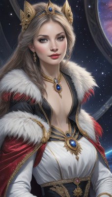 1girl,solo,long hair,breasts,looking at viewer,blonde hair,brown hair,hair ornament,long sleeves,dress,cleavage,brown eyes,jewelry,medium breasts,closed mouth,upper body,braid,earrings,choker,necklace,cape,lips,grey eyes,fur trim,makeup,tiara,crown,lipstick,gem,star (sky),corset,gold trim,realistic,nose,red cape,red lips,space,fur-trimmed cape,artist name,white dress,planet