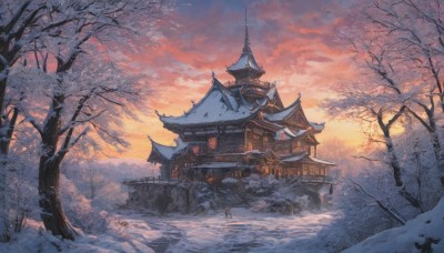 outdoors,sky,cloud,tree,no humans,cloudy sky,building,scenery,snow,sunset,mountain,architecture,house,winter,east asian architecture,bare tree,orange sky,pagoda,water,nature,sun,castle