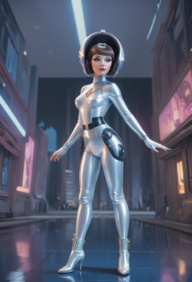 1girl,solo,breasts,looking at viewer,short hair,bangs,brown hair,black hair,gloves,brown eyes,medium breasts,standing,full body,small breasts,boots,shiny,belt,white gloves,fingerless gloves,high heels,lips,bodysuit,night,cameltoe,helmet,building,skin tight,reflection,science fiction,shiny clothes,realistic,white bodysuit,latex,spacesuit,reflective floor,blue eyes,parted lips,blunt bangs,shiny hair,blurry background,headgear,white footwear,bob cut,platform footwear,space helmet