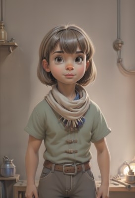 1girl,solo,looking at viewer,smile,short hair,bangs,brown hair,shirt,brown eyes,closed mouth,standing,short sleeves,cowboy shot,belt,pants,indoors,scarf,lips,thick eyebrows,blue shirt,denim,t-shirt,child,buckle,jeans,belt buckle,realistic,nose,green shirt,arms at sides,female child,brown belt,lamp,grey pants,light bulb