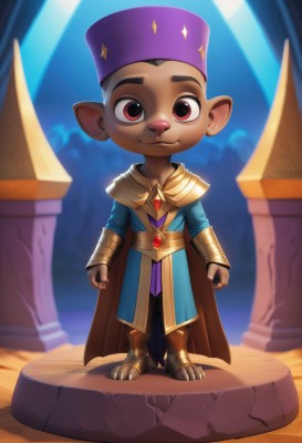 solo,looking at viewer,smile,red eyes,1boy,hat,animal ears,closed mouth,standing,full body,male focus,pointy ears,dark skin,cape,armor,blurry,:3,blurry background,dark-skinned male,thick eyebrows,furry,robe,furry male,male child,purple headwear,pillar,black hair,brown eyes,jewelry,tail,gem,child,claws,very short hair,brown fur