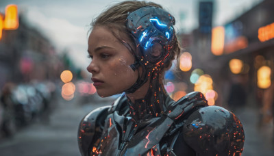 1girl, solo, short hair, upper body, dark skin, blurry, lips, depth of field, blurry background, looking away, freckles, science fiction, realistic, nose, cyborg, cyberpunk