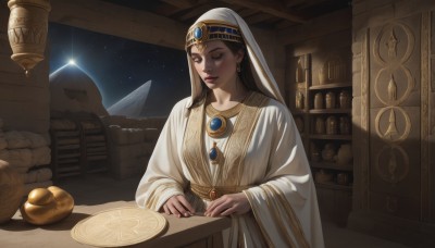 1girl,solo,long hair,brown hair,black hair,long sleeves,dress,brown eyes,jewelry,closed mouth,earrings,food,sky,indoors,dark skin,wide sleeves,necklace,dark-skinned female,lips,makeup,night,fruit,table,knife,gem,star (sky),veil,plate,starry sky,robe,realistic,headdress,shelf,gold,jar,weighing scale,sitting,closed eyes,one eye closed,white dress,book,ring,scenery,planet,white robe,globe