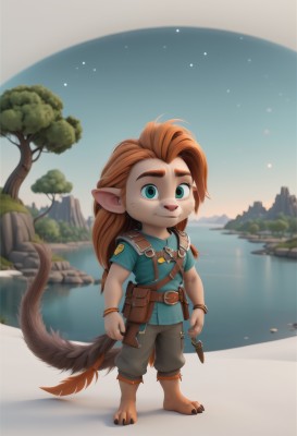 solo,long hair,looking at viewer,smile,blue eyes,brown hair,shirt,1boy,animal ears,jewelry,green eyes,standing,tail,full body,short sleeves,male focus,outdoors,sky,barefoot,pointy ears,belt,pants,artist name,water,orange hair,bracelet,tree,facial mark,blue shirt,child,furry,pouch,whisker markings,furry male,male child,body fur,river,1girl,weapon,braid,knife,rock,dagger,lake