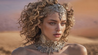 1girl,solo,short hair,blonde hair,brown hair,bare shoulders,brown eyes,jewelry,closed mouth,collarbone,earrings,outdoors,sky,artist name,necklace,blurry,lips,looking to the side,blurry background,wavy hair,looking away,beach,tiara,portrait,curly hair,circlet,realistic,nose,sand,looking afar,desert,looking at viewer,upper body,parted lips,grey eyes,eyelashes,makeup,wind