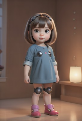 1girl,solo,looking at viewer,short hair,bangs,brown hair,hair ornament,dress,brown eyes,closed mouth,standing,full body,hairband,boots,shoes,hairclip,indoors,medium hair,blurry,black eyes,lips,loli,blurry background,blue dress,red footwear,child,sleeves rolled up,realistic,female child,lamp,knee pads,badge,button badge,shirt,heart,blue shirt,no pants,nose,pink footwear,oversized clothes