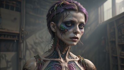 1girl,solo,looking at viewer,short hair,green eyes,collarbone,upper body,purple hair,parted lips,teeth,indoors,blurry,lips,tattoo,makeup,blurry background,portrait,science fiction,realistic,nose,android,cyborg,horror (theme),cyberpunk,mechanical parts,black hair,nude,cable,facepaint