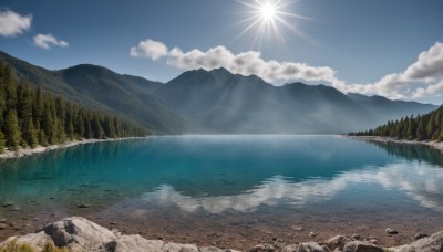 outdoors,sky,day,cloud,water,tree,blue sky,no humans,sunlight,cloudy sky,grass,nature,scenery,forest,reflection,rock,mountain,sun,river,landscape,mountainous horizon,lake,ocean,beach,shore