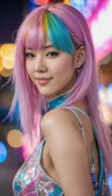 1girl,solo,long hair,breasts,looking at viewer,smile,bangs,bare shoulders,brown eyes,jewelry,medium breasts,closed mouth,upper body,pink hair,multicolored hair,earrings,sleeveless,blurry,black eyes,from side,two-tone hair,lips,streaked hair,blurry background,heterochromia,realistic,nose,dress,blue hair,bra,makeup,bokeh,rainbow hair