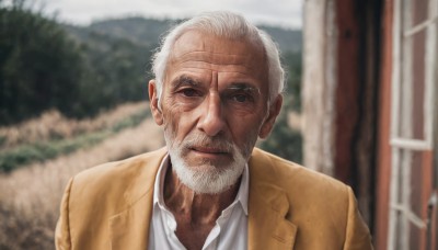 solo,looking at viewer,shirt,1boy,closed mouth,jacket,white shirt,upper body,white hair,male focus,outdoors,day,collared shirt,blurry,depth of field,blurry background,facial hair,parody,portrait,beard,brown jacket,realistic,mustache,yellow jacket,manly,old,old man,wrinkled skin,smile,black eyes,lips,dress shirt