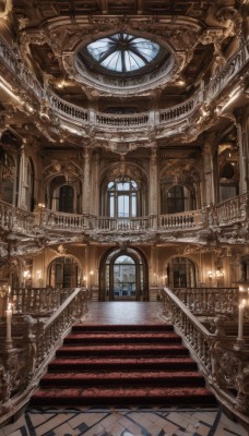 indoors,no humans,window,sunlight,scenery,stairs,fantasy,door,railing,candle,architecture,pillar,church,arch,candlestand,chandelier,column,ceiling,carpet