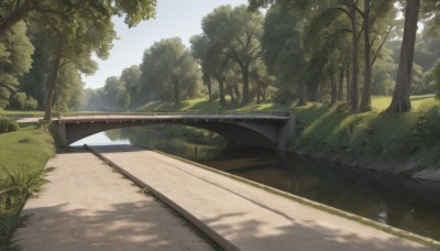 outdoors,sky,day,water,tree,no humans,shadow,sunlight,grass,nature,scenery,forest,road,bush,shade,bridge,river,path,cloud,blue sky,plant,landscape