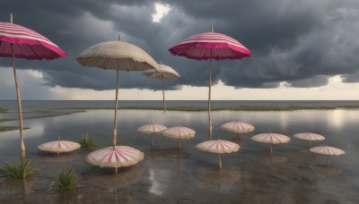 outdoors,sky,day,artist name,cloud,signature,water,no humans,umbrella,watermark,cloudy sky,grass,scenery,reflection,rain,parasol,reflective water,lake