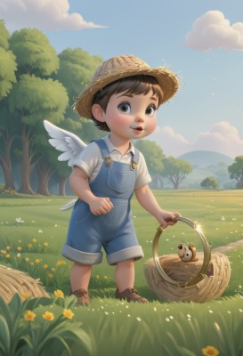 solo,looking at viewer,short hair,open mouth,brown hair,shirt,1boy,hat,holding,brown eyes,standing,full body,white shirt,flower,short sleeves,male focus,outdoors,parted lips,wings,sky,day,cloud,tree,blue sky,bird,animal,sandals,cloudy sky,grass,child,nature,feathered wings,angel wings,white wings,straw hat,basket,overalls,male child,holding basket,black hair,shoes,field