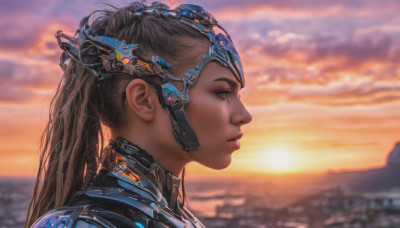 1girl, solo, long hair, brown hair, ponytail, outdoors, sky, cloud, blurry, from side, lips, profile, headgear, science fiction, sunset, realistic, nose