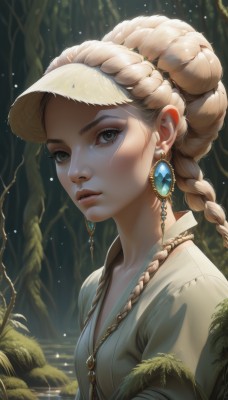 1girl,solo,long hair,breasts,looking at viewer,blonde hair,brown hair,jewelry,upper body,braid,earrings,small breasts,outdoors,parted lips,artist name,water,necklace,hair bun,blurry,twin braids,tree,lips,grey eyes,eyelashes,single braid,plant,gem,nature,light particles,forest,freckles,realistic,nose,multiple braids,shirt,brown eyes,from side,sunlight,pendant,visor cap,crown braid,braided bun,gold,blue gemstone,red gemstone