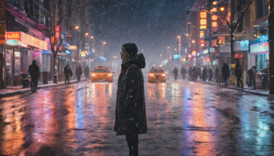 1girl, outdoors, sky, solo focus, hood, tree, coat, dutch angle, night, ground vehicle, building, scenery, motor vehicle, snow, reflection, rain, snowing, city, sign, car, road, winter, lamppost, bare tree, street, traffic light, crosswalk, vanishing point