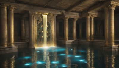 indoors,water,no humans,sunlight,scenery,reflection,light rays,fantasy,light,architecture,pillar,arch,column,glowing,ripples,statue