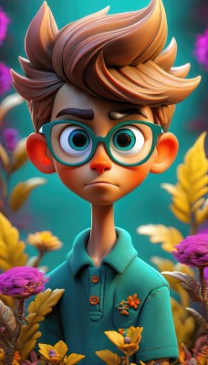 solo,looking at viewer,short hair,blue eyes,brown hair,shirt,1boy,closed mouth,upper body,flower,short sleeves,male focus,outdoors,glasses,collared shirt,artist name,blurry,buttons,blurry background,frown,leaf,blue shirt,spiked hair,child,freckles,yellow flower,green shirt,purple flower,male child,watermark,thick eyebrows,web address,polo shirt