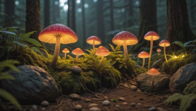 outdoors,day,blurry,tree,no humans,depth of field,blurry background,grass,plant,nature,scenery,forest,rock,bush,mushroom,path,moss,leaf,sunlight,log