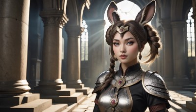 1girl,solo,long hair,breasts,looking at viewer,brown hair,animal ears,brown eyes,jewelry,closed mouth,upper body,braid,parted lips,indoors,armor,rabbit ears,lips,grey eyes,single braid,sunlight,shoulder armor,gem,pauldrons,circlet,breastplate,pillar,arch,viera,column,bangs,blue eyes,twintails,earrings,double bun,backlighting,headpiece