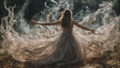 1girl,solo,long hair,brown hair,black hair,dress,bare shoulders,standing,sleeveless,from behind,white dress,see-through,back,outstretched arms,spread arms,facing away,lightning,artist name,bare arms,sleeveless dress,veil,realistic,long dress,dancing,backless dress