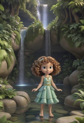 1girl,solo,looking at viewer,smile,short hair,brown hair,hair ornament,dress,brown eyes,standing,hairband,outdoors,sleeveless,dark skin,water,dark-skinned female,tree,lips,blue dress,leaf,sandals,plant,child,nature,reflection,curly hair,rock,female child,ripples,waterfall,blue eyes,bare shoulders,jewelry,full body,parted lips,barefoot,pointy ears,artist name,necklace,bare arms,sleeveless dress,watermark,web address,walking,toenails,green dress,aqua dress