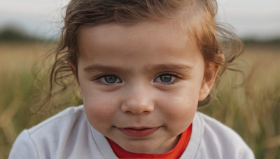 1girl,solo,looking at viewer,short hair,blue eyes,brown hair,shirt,closed mouth,white shirt,blurry,lips,grey eyes,blurry background,child,portrait,freckles,gym uniform,realistic,female child,smile,1boy,male focus,eyelashes,depth of field,close-up,nose