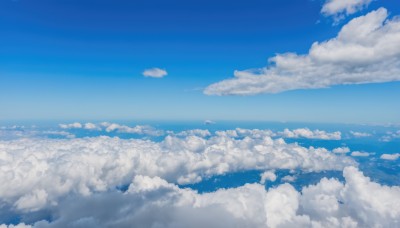 outdoors,sky,day,cloud,water,blue sky,no humans,ocean,cloudy sky,scenery,blue theme,horizon,landscape,above clouds,1girl,solo,flying,very wide shot