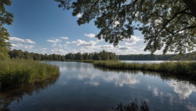 outdoors,sky,day,cloud,water,tree,blue sky,no humans,cloudy sky,grass,nature,scenery,forest,reflection,river,landscape,lake,reflective water