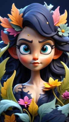 1girl,solo,long hair,breasts,looking at viewer,blush,smile,blue eyes,black hair,hair ornament,cleavage,bare shoulders,closed mouth,blue hair,collarbone,upper body,flower,small breasts,artist name,hair flower,lips,eyelashes,makeup,leaf,blue background,thick eyebrows,white flower,freckles,yellow flower,plant