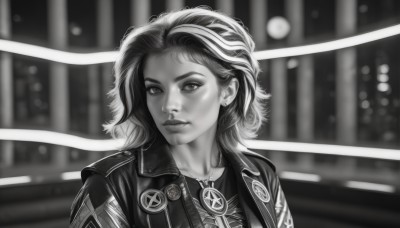 1girl,solo,looking at viewer,short hair,bangs,shirt,jewelry,closed mouth,jacket,monochrome,upper body,greyscale,multicolored hair,earrings,parted lips,open clothes,artist name,medium hair,necklace,blurry,two-tone hair,open jacket,lips,blurry background,portrait,realistic,nose,leather,leather jacket,long hair,depth of field,badge,peace symbol