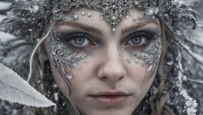 1girl,solo,long hair,looking at viewer,blue eyes,jewelry,closed mouth,grey hair,blurry,lips,grey eyes,eyelashes,depth of field,feathers,gem,portrait,snow,close-up,crystal,realistic,braid,veil,nose