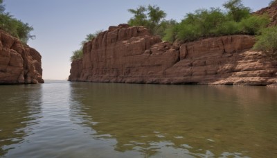 outdoors,sky,day,water,tree,blue sky,no humans,grass,nature,scenery,reflection,rock,wall,river,lake,plant