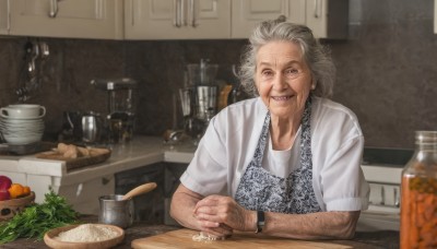 solo,looking at viewer,smile,shirt,1boy,brown eyes,jewelry,white shirt,upper body,white hair,short sleeves,grey hair,male focus,parted lips,food,indoors,signature,blurry,apron,cup,fruit,facial hair,table,bottle,knife,watch,realistic,basket,wristwatch,bread,old,old man,kitchen,tomato,vegetable,arm hair,counter,old woman,lettuce,wrinkled skin,cutting board,1girl,short hair,earrings,teeth,grin,scar,ring,drinking glass,bowl,apple,carrot,orange (fruit),lemon