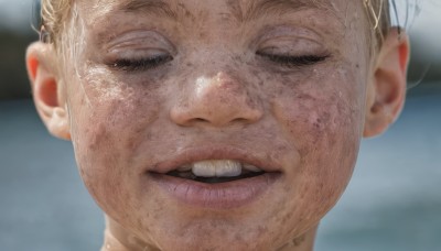 solo,smile,open mouth,blonde hair,1boy,closed eyes,male focus,teeth,blurry,lips,depth of field,blurry background,upper teeth only,portrait,facing viewer,close-up,freckles,realistic,nose,old,wrinkled skin,parted lips,eyelashes