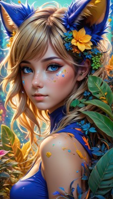 1girl,solo,long hair,breasts,looking at viewer,bangs,blue eyes,blonde hair,shirt,hair ornament,animal ears,bare shoulders,medium breasts,closed mouth,upper body,flower,sleeveless,artist name,cat ears,hair flower,from side,lips,fox ears,eyelashes,sleeveless shirt,makeup,swept bangs,leaf,watermark,facial mark,plant,eyeshadow,freckles,blue flower,pink lips,yellow flower,nose,eyeliner,mascara,shiny,animal ear fluff,blue shirt,extra ears,facepaint