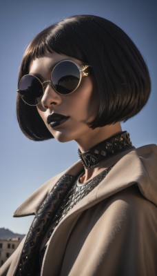 1girl,solo,smile,short hair,bangs,black hair,jewelry,jacket,upper body,outdoors,parted lips,sky,glasses,choker,day,blunt bangs,necklace,blurry,collar,blue sky,lips,coat,makeup,blurry background,black choker,sunglasses,bob cut,hood down,lipstick,building,black-framed eyewear,realistic,nose,round eyewear,black lips,brown hair,from side,aviator sunglasses