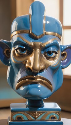 solo,looking at viewer,blue eyes,1boy,male focus,shiny,blurry,no humans,mask,blurry background,colored skin,parody,portrait,realistic,mustache,blue skin,what,closed mouth,blue hair,indoors,facial hair,beard,bald