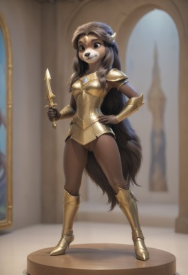 1girl,solo,long hair,breasts,looking at viewer,smile,brown hair,black hair,holding,animal ears,brown eyes,jewelry,very long hair,standing,tail,full body,weapon,small breasts,boots,pussy,artist name,indoors,hand up,signature,dark skin,holding weapon,armor,grin,blurry,black eyes,hand on hip,uncensored,depth of field,blurry background,bottomless,watermark,ass visible through thighs,happy,knee boots,knife,shoulder armor,gem,dog ears,furry,pauldrons,circlet,breastplate,furry female,dog girl,vambraces,holding knife,armored boots,bracer,dagger,body fur,bikini armor,animal nose,snout,holding dagger,gold armor,bangs,closed mouth,sidelocks,parted lips,high heels,fox girl,borrowed character,headpiece,cleft of venus,brown fur,two-tone fur,blue gemstone