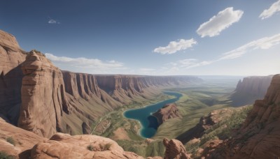 outdoors,sky,day,cloud,water,blue sky,no humans,grass,nature,scenery,rock,mountain,fantasy,river,landscape,cliff,ocean,aircraft,sand,horizon,desert