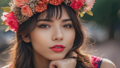 1girl,solo,long hair,looking at viewer,bangs,brown hair,hair ornament,brown eyes,closed mouth,flower,hair flower,blurry,lips,eyelashes,makeup,depth of field,blurry background,rose,lipstick,portrait,close-up,pink flower,head rest,realistic,nose,red lips,head wreath,parted lips,teeth