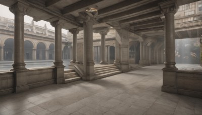 outdoors,day,water,no humans,window,sunlight,building,scenery,stairs,architecture,ruins,pillar,statue,arch,column,shadow,bird,railing,tiles,tile floor,bridge,east asian architecture