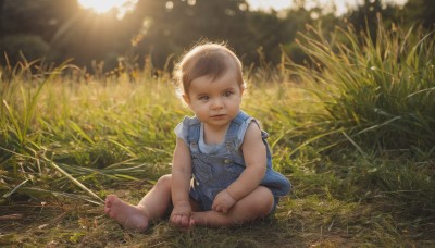 solo,looking at viewer,short hair,brown hair,shirt,1boy,brown eyes,sitting,full body,male focus,outdoors,barefoot,pointy ears,feet,toes,soles,sunlight,grass,child,realistic,straw hat,overalls,male child,on ground,dirty,blue overalls,overall shorts,dirty feet,gloves,aged down