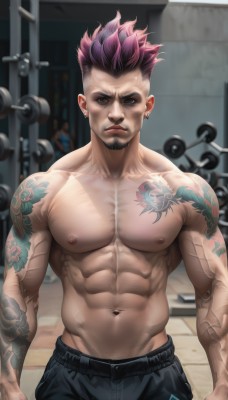 solo,looking at viewer,short hair,black hair,1boy,navel,brown eyes,jewelry,closed mouth,nipples,pink hair,purple hair,male focus,multicolored hair,earrings,pants,artist name,tattoo,muscular,facial hair,scar,black pants,piercing,abs,pectorals,muscular male,spiked hair,ear piercing,bara,beard,large pectorals,veins,topless male,mature male,arm tattoo,undercut,biceps,chest tattoo,gym,veiny arms,outdoors,shorts,blurry background,thick eyebrows,scar on face,manly,facial tattoo,thick arms,dumbbell