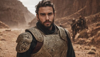 looking at viewer,short hair,brown hair,black hair,1boy,brown eyes,closed mouth,upper body,male focus,outdoors,multiple boys,solo focus,armor,blurry,blurry background,facial hair,shoulder armor,beard,pauldrons,breastplate,realistic,mustache,manly,photo background,chainmail,solo,jewelry,earrings,day,lips,depth of field,sand,soldier,desert