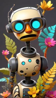 solo,looking at viewer,blue eyes,simple background,upper body,flower,grey background,blurry,gradient,gradient background,pokemon (creature),no humans,leaf,plant,robot,mecha,pink flower,yellow flower,cable,straight-on,orange flower,humanoid robot,non-humanoid robot,artist name,headphones,watermark,goggles