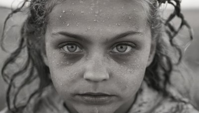 1girl,solo,looking at viewer,1boy,white background,closed mouth,monochrome,greyscale,male focus,dark skin,blurry,lips,eyelashes,portrait,close-up,realistic,nose,dreadlocks,long hair,facial hair,freckles,serious,animification