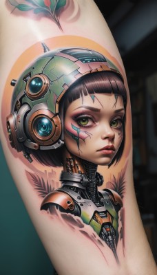 1girl,solo,looking at viewer,short hair,bangs,brown hair,black hair,green eyes,parted lips,blunt bangs,blurry,lips,eyelashes,tattoo,makeup,blurry background,headgear,facial mark,bob cut,lipstick,portrait,eyeshadow,science fiction,nose,android,red lips,eyeliner,cable,cyborg,robot joints,mascara,cyberpunk,mechanical parts,closed mouth,upper body,flower,from side,headphones,robot,realistic,facepaint,damaged